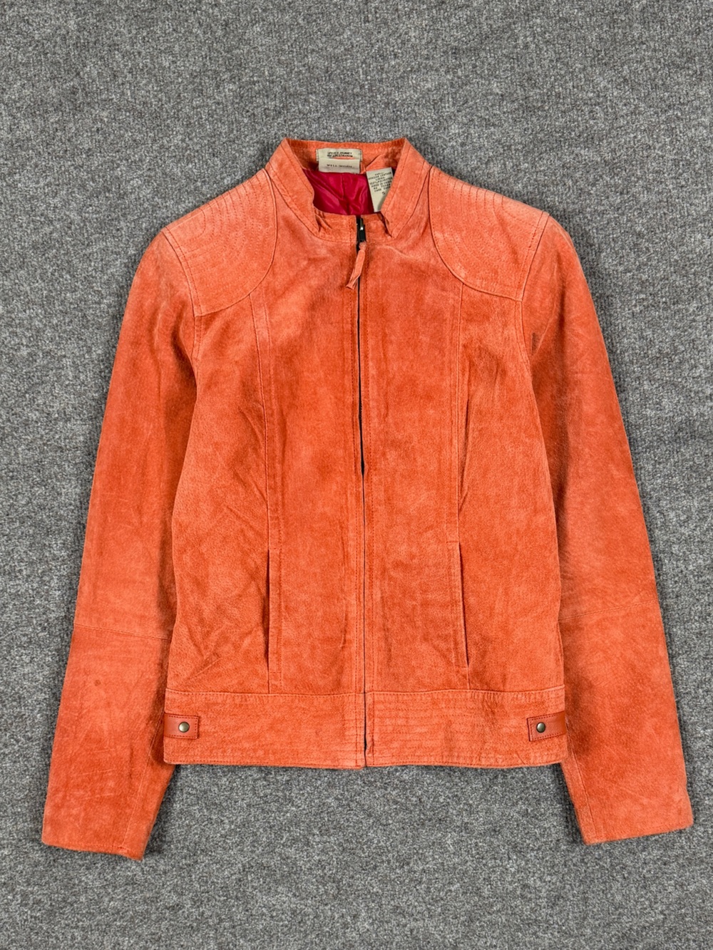 Vintage Ruff Hewn Orange Suede Leather Moto Jacket Women’s Small Mock Neck Y2K